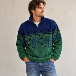 Vintage Cheetah 1/4 Zip Pullover Mens M Fleece Green Blue Fair Isle Christmas